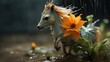  a statue of a horse standing in the rain with a sunflower in it's mouth and water droplets on its face.  generative ai