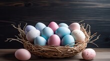  A Basket Filled With Eggs Sitting On Top Of A Wooden Table Next To Two Eggs On Top Of Each Other.  Generative Ai