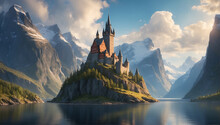 A Majestic Castle Stands Tall In The Midst Of The Beautiful Lake Surrounded With Mountains, Basking In The Warm Rays Of The Sun - AI Generative
