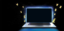 Open Laptop With A Blank Screen Is Surrounded By Various Currency Symbols, Including The Dollar, Euro, Pound, And Yen, On A Dark Background With A Futuristic Circuit Board Design.