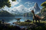 Three dinosaurs in a valley near a lake. Generative AI