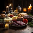 Julebord, a Norwegian Christmas table feast with mulled wine with candles, generative ai 