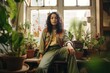 happy mixed race diverse woman sitting on window at modern apartment with green plants, urban jungle boho home decor