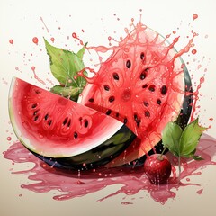 watermelon with red pulp and seeds, cut into portions. Summer delicious juicy fruits and large berries. Illustration drawing, Banner with berry