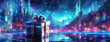 Gift box in futuristic modern digital city world of Internet background. Christmas decoration in vivid neon colors. Dark pink and blue cyberpunk concept. Happy New Year Invitation.