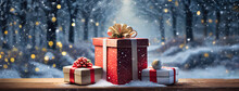 Red White Gift Boxes On Snow For Christmas Holidays Background. Saint Nicholas Day. Snowy Dark Forest With Magical Lights.