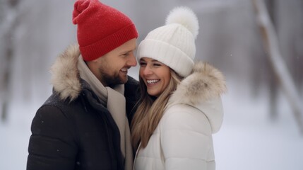 Wall Mural - Young couple getting close in the snowy weather