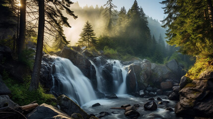  Pristine mountain waterfall cascading over jagged rocks, surrounded by lush evergreen trees, misty atmosphere