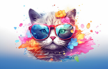  Cat in sunglasses with colorful watercolor flowers and paint splashes