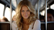© chris3d - A lovely blond girl sits on the back of a bus, her smile radiating warmth and joy - Generative AI