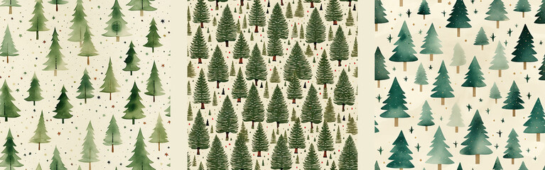 Wall Mural - Collection of watercolor seamless pattern with spruce forest. Coniferous foggy forest illustration. Fir or pine trees for Christmas design. Misty winter abstract background, holiday background