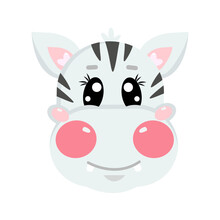 Sweet Cute Kawaii Face, Head Of Zebra. Vector Cartoon Illustration For Baby, Kids, Children