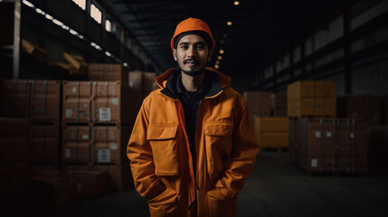 Wall Mural - Portrait warehouse parcel delivery male staff worker happy working in port cargo shipping industry with safety suit. Work concept. Cargo concept. Shipping concept