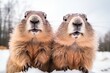 Two groundhogs standing together in the snow