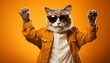 Playful cat in colorful clothes and sunglasses dancing on a vibrant background, travel concept