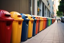 A Row Of Colorful Colored Plastic Trash Cans. Generative AI