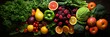 Vibrant and wholesome selection of vegetables and fruits, top view on dark solid background