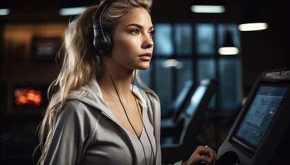 Wall Mural - Caucasian woman recovering after invigorating treadmill workout in modern fitness club gym