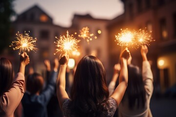 Winter holiday celebration group of joyful people enjoying sparkling fireworks in their hands