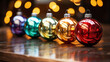 Colorful christmas balls on wooden table against black background with copy space