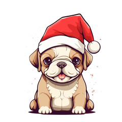 Wall Mural - cute kawaii small vector french bulldog puppy in santa hat without background for christmas postcard cartoon character style 