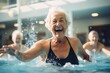 Elderly women doing exercise in swimming pool, seniors practicing water aerobics in pool. 