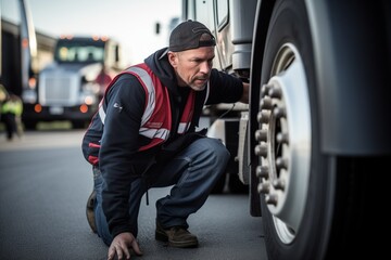 Semi truck driver pulls over on highway and fixes something under his truck