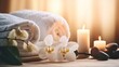 Beautiful spa treatment composition such as Towels, candles, essential oils, Massage Stones on light wooden background. blur living room, natural creams and moisturizing Healthy lifestyle, body care
