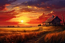 Sunset On A Wheat Field With A Peasant Hut