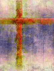 Wall Mural - dramatic cross in orange red purple pink green grunge texture paint on canvas artwork