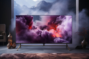 Modern TV setup, art on the screen in the style of light purple and grey elegant liquid metal soft - focus futuristic fragmentation flowing forms, smokey background, smoke on the ground