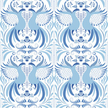 Blue And White Seamless Pattern With Birds. Background In The Style Of Classic Ethnic Porcelain Painting. Old Fashion Hand Drawn Rustic Floral Motifs.