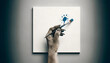 An image showing a single animal paw holding a paintbrush against a stark white canvas, with a simple splash of blue paint - Generative AI