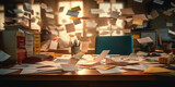 Fototapeta  - Overwhelmed Workspace with Scattered Documents, Chaotic Office