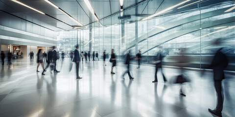  Busy Corporate Office Hallway with Reflective Glass Walls, Modern Business Lifestyle