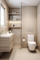 Wall Mural - The bathroom is in a modern style in beige and calm shades. Consistent design, simplicity, minimalism, calm mood