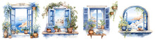 Greece In Window Watercolor Illustration Clipart. Generative AI