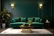 Living room with green velvet couch and gold coffee table, in the style of dark green and gold, minimalist