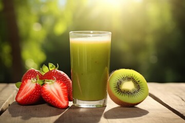 Enjoying a vibrant glass of Kiwi Strawberry Juice on a rustic table in the warm glow of the afternoon sun