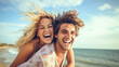 © Formoney - Happy young couple having fun on the beach. Summer vacation and travel concept.