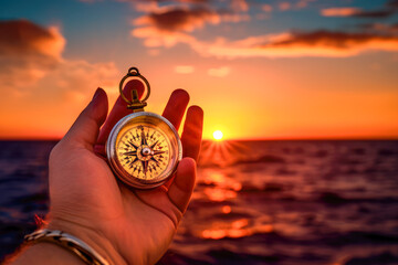 Compass in hand on the background of the setting sun. Travel concept