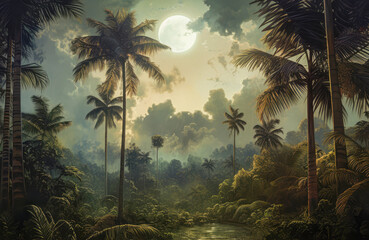 Wall Mural - Fantasy landscape with palm trees and full moon