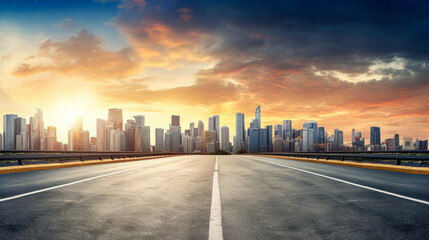 Wall Mural - Asphalt road and modern city skyline at sunset