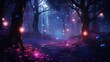 Pathway through enchanted forest with radiant mushrooms. Fantasy realm setting.