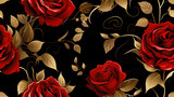 Fototapeta Uliczki - Red Roses with a Black and Gold Background seamless pattern