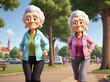 © Ekaterina - Portrait of a couple of mature women running in a park a natural environment. The lady goes in for sports in the park. theme of sports, fitness, healthy lifestyle. Animated cartoon illustration