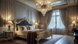 A bedroom with a luxurious Victorian-style design, featuring an ornate bed, crystal chandelier