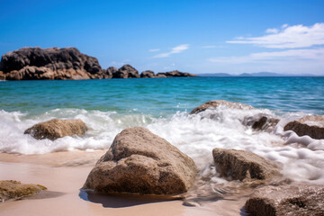 Poster - Beautiful tropical beach with rocks and turquoise ocean water background. High quality photo