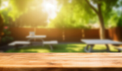 Poster - Wooden table in front of blurred backyard background with chair and table. For product display. High quality photo