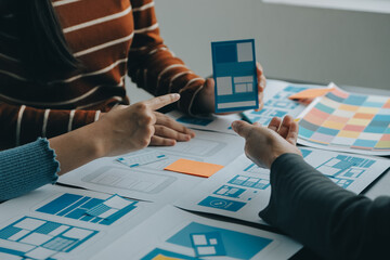 ux Graphic designer creative sketch planning application process development prototype wireframe for web mobile phone . User experience concept.